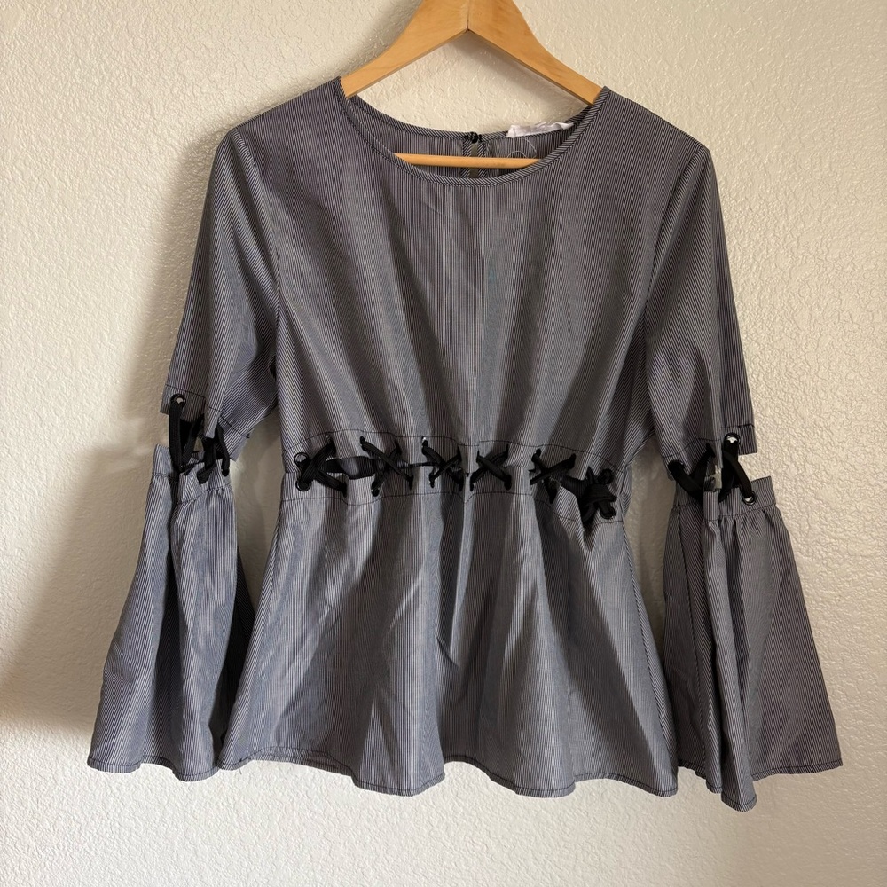 Miss Lili Pin Striped Laced Up Blouse with Black Ribbon Details Size Large